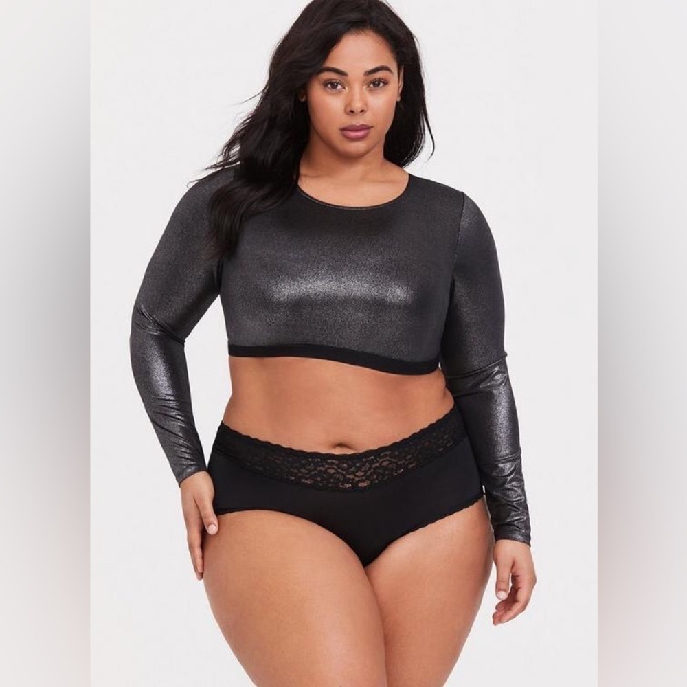 Torrid Black Metallic Shimmer Mesh Long Sleeve Under-It-All Crop Top size 2X - Picture 2 of 10